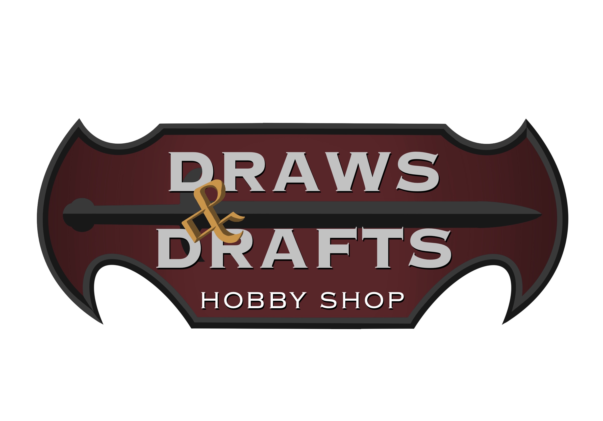 a signboard bearing a sword and the words Draws and Drafts Hobby Shop