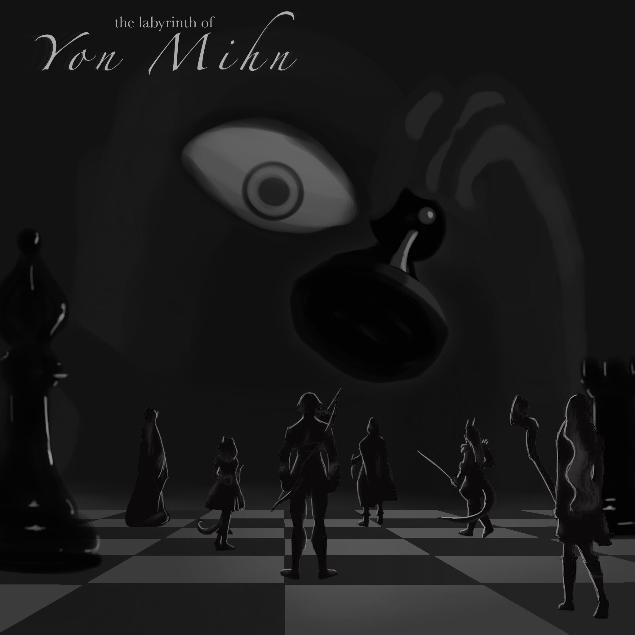 a cyclops moves human-sized chess pieces around a board with people on it