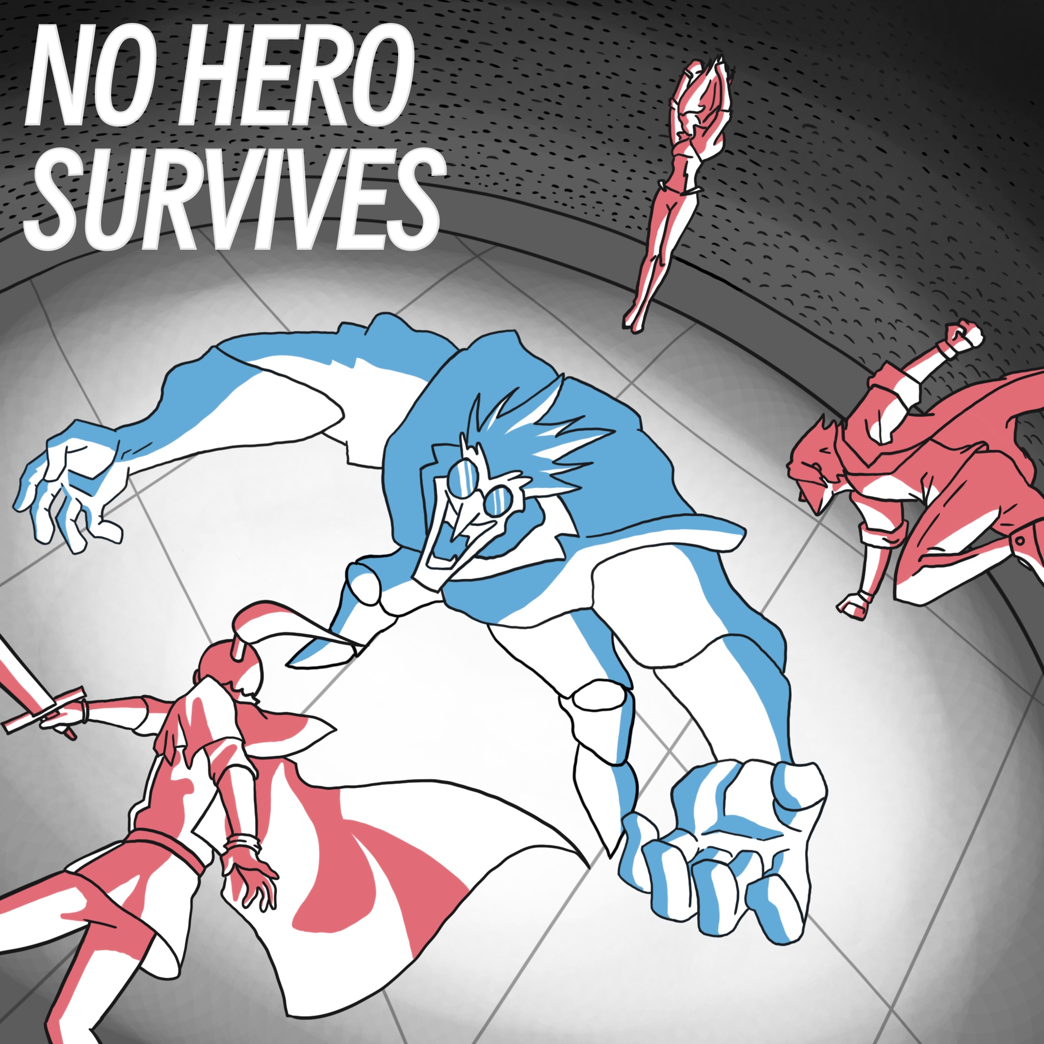 three red-colored heroes attack from above towards a blue-colored giant in an arena