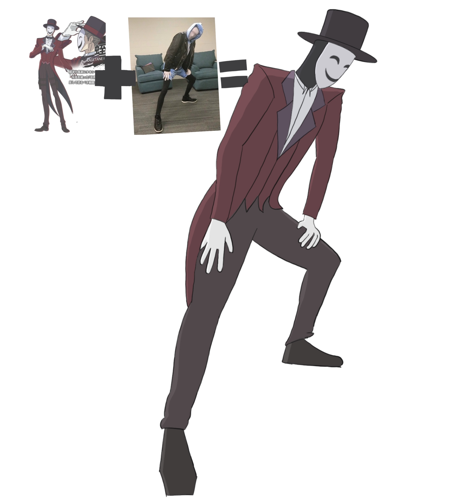 a man in a red tuxedo, top hat, and white masquerade mask with his hands on his knees