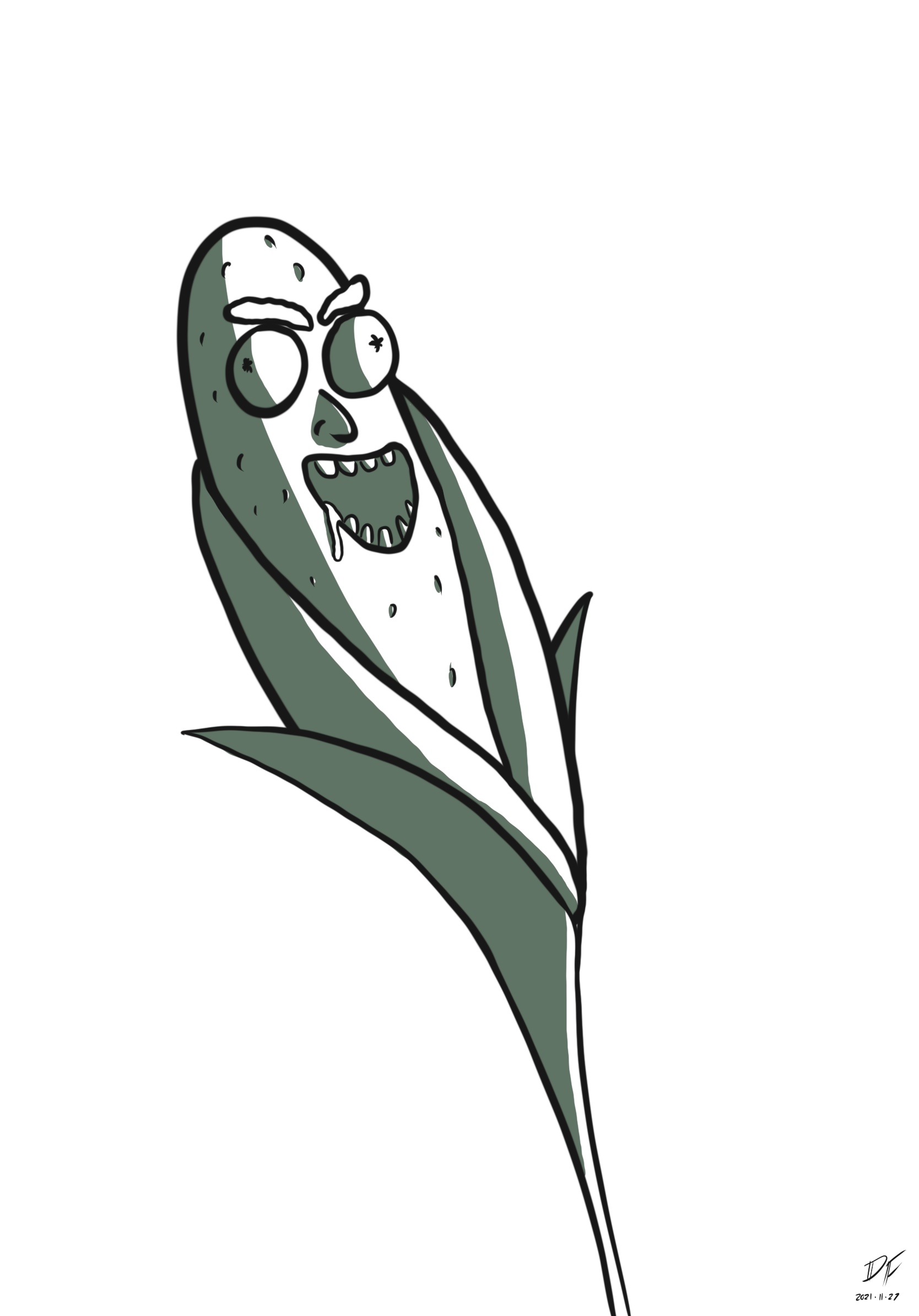 the character of pickle rick from Rick and Morty reimagined as a corn on the cob