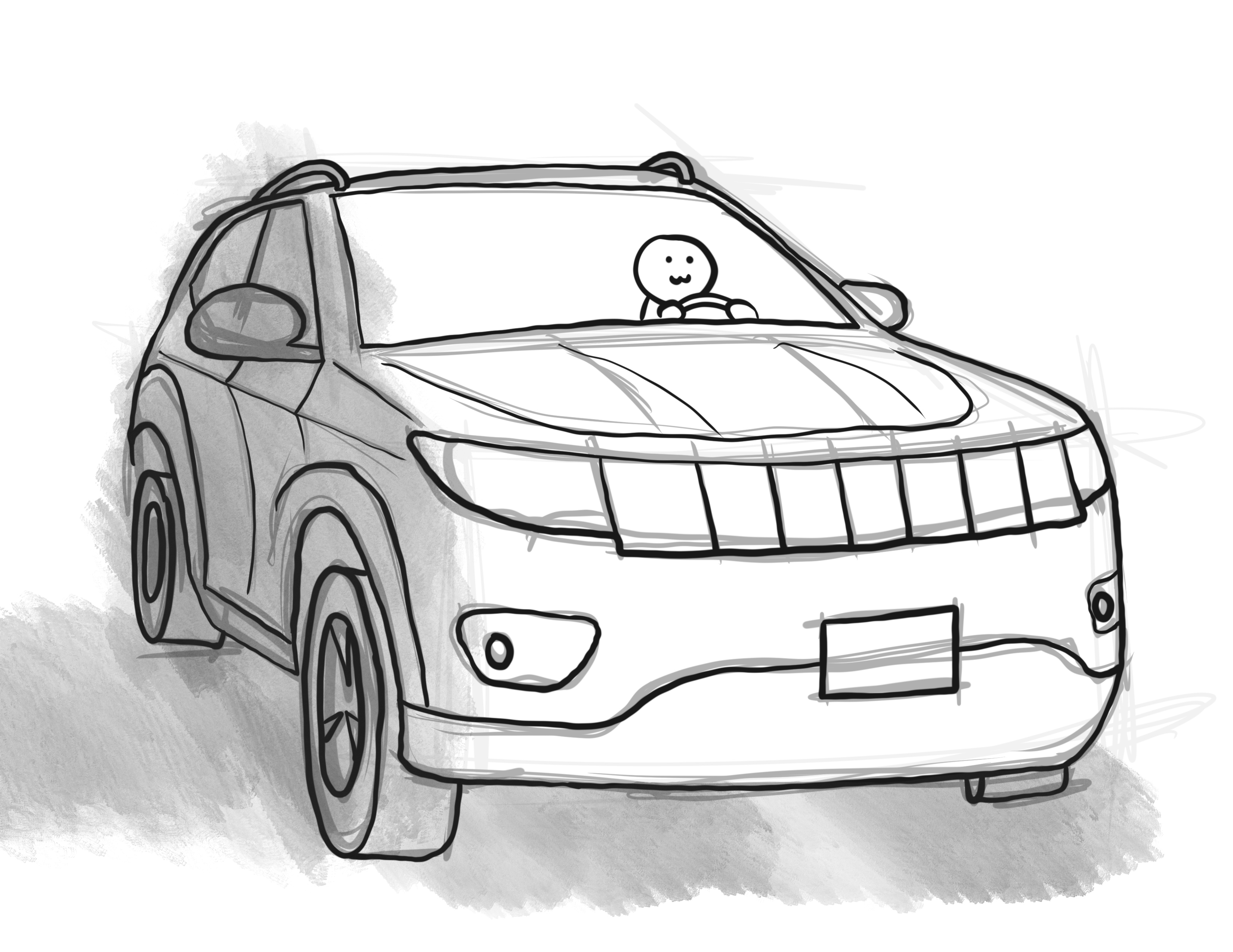 lineart of a van with a small cartoon character behind the wheel