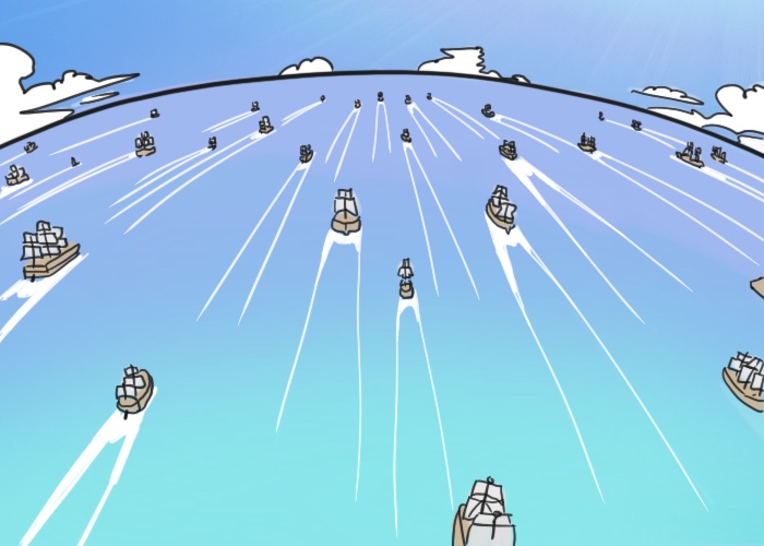 a fleet of ships sailing towards the horizon