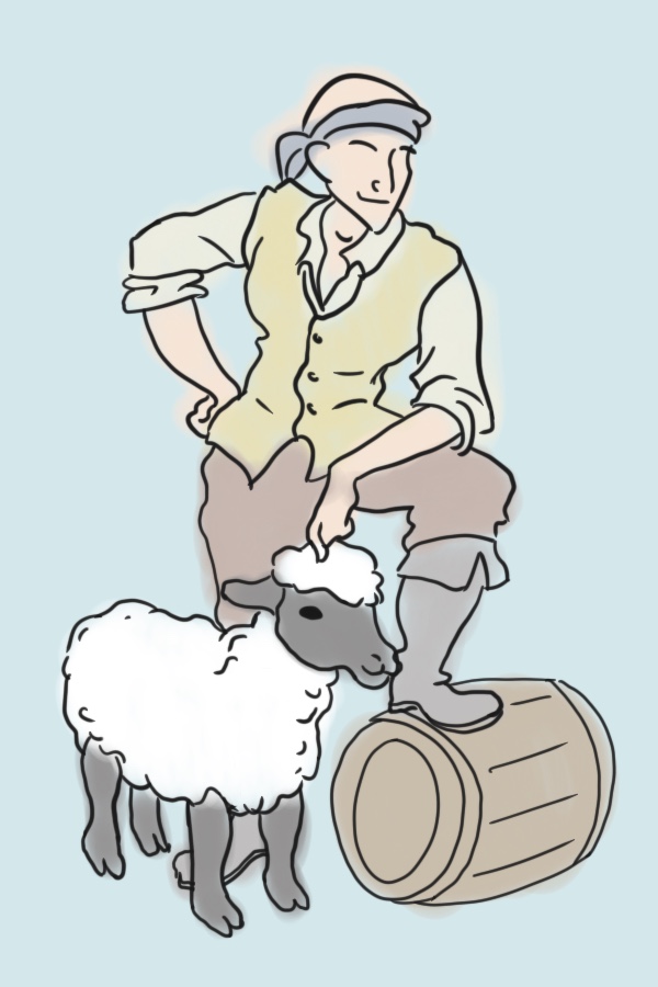 a man in sailor garb standing next to a sheep