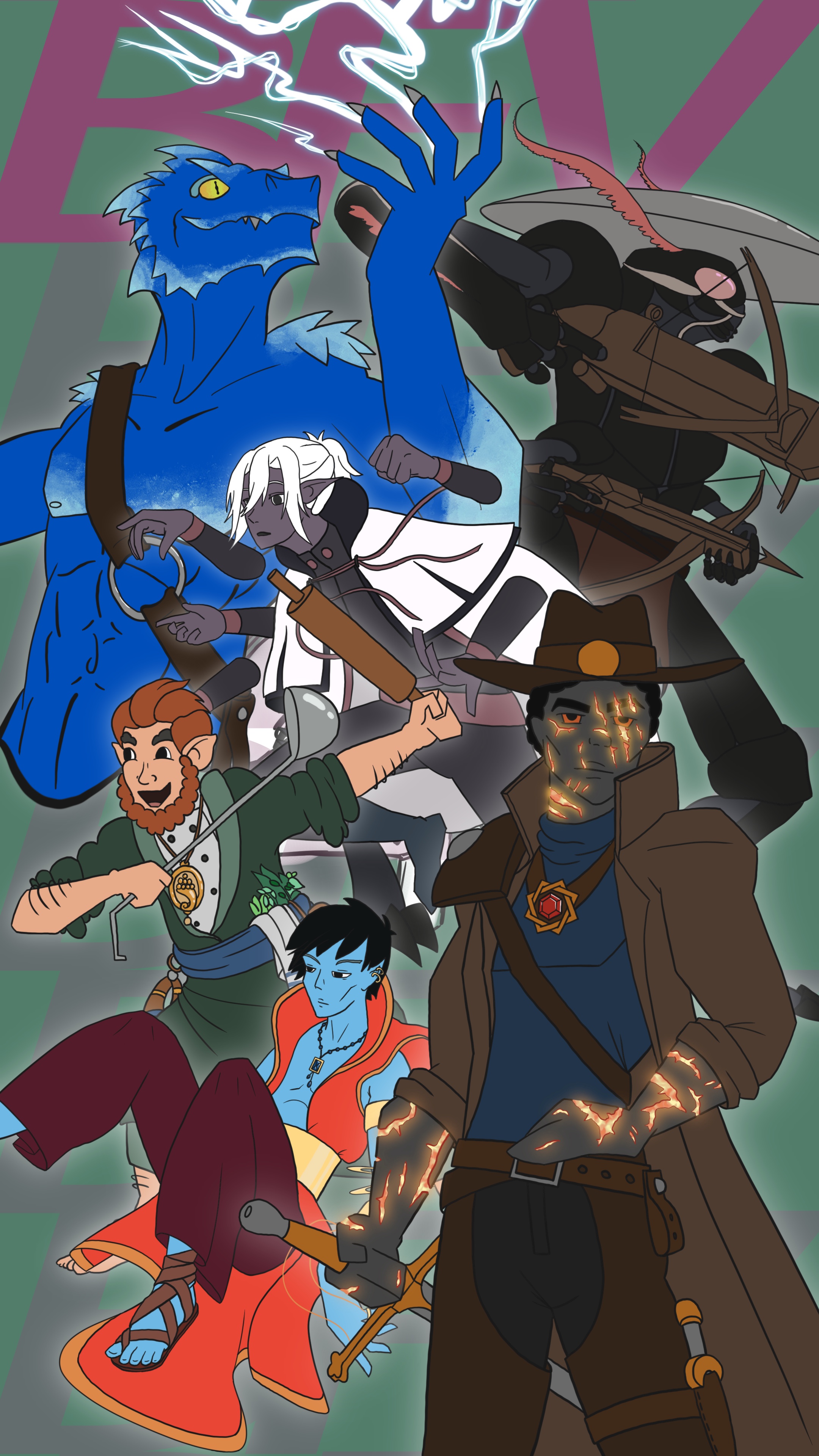 a drawing of four humanoid characters, a half-dragon, and a bipedal insect