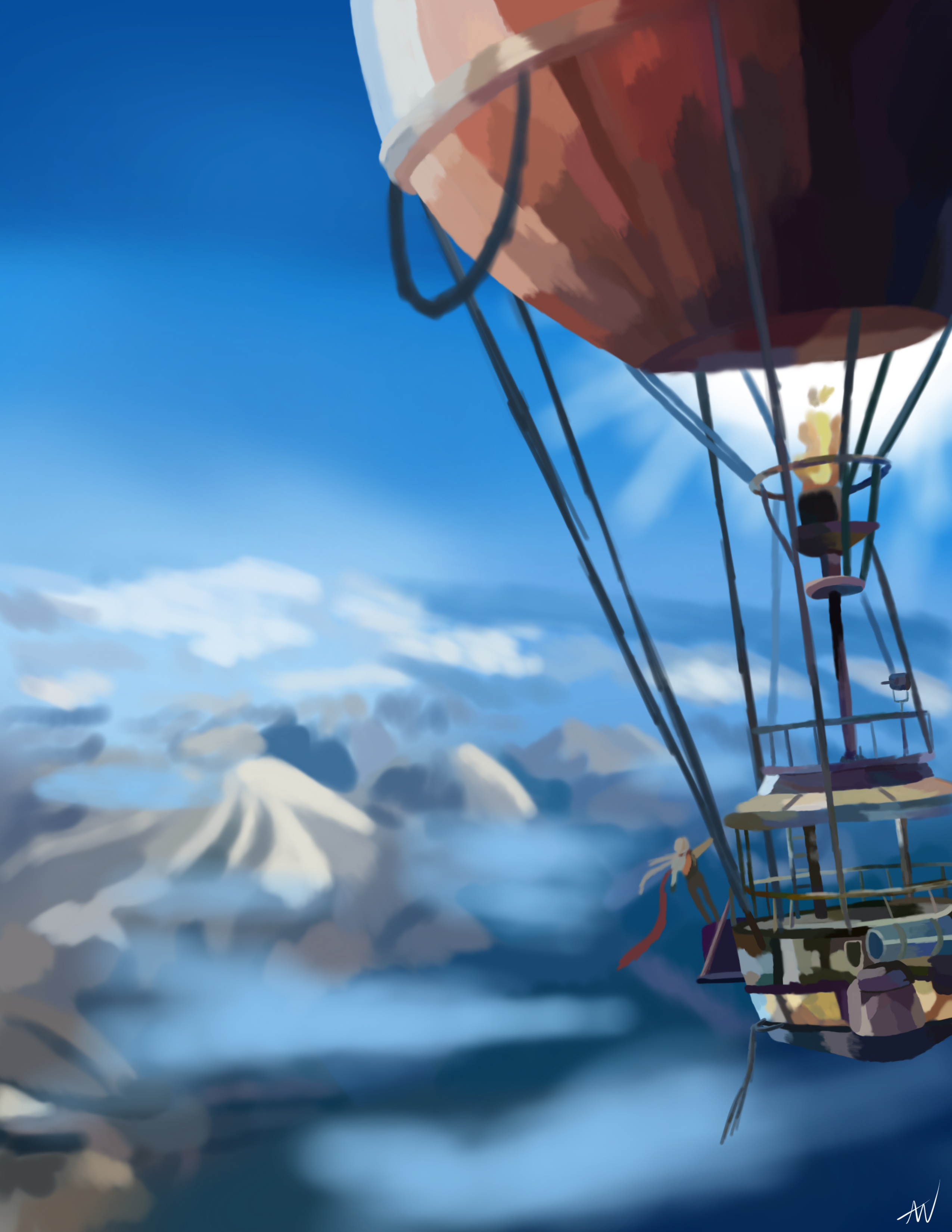 a human in a hot air balloon overlooking the horizon