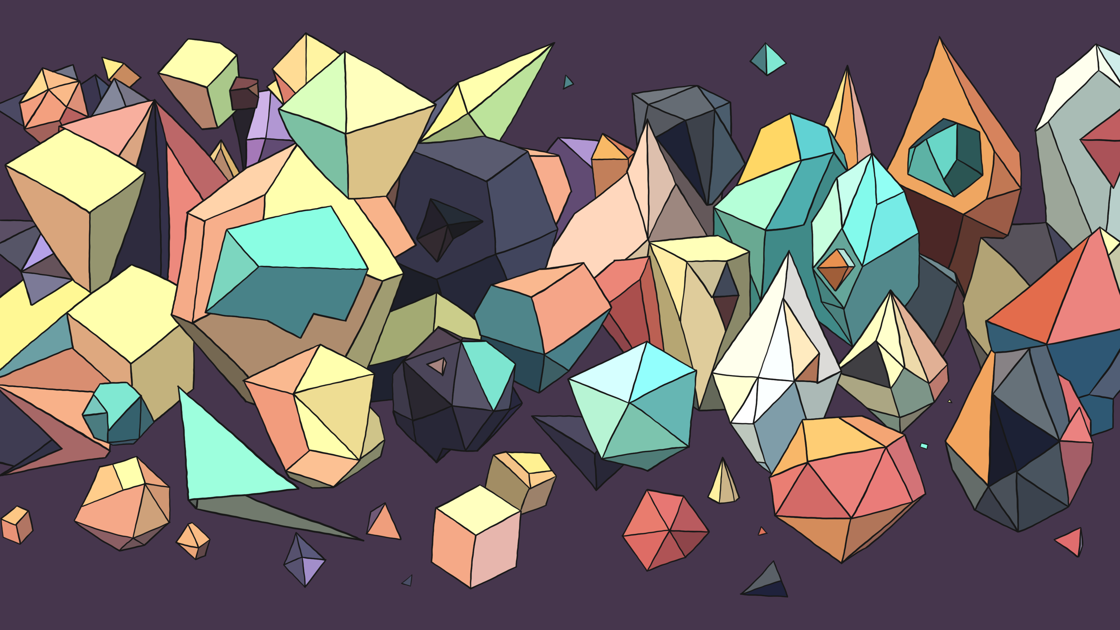 a pile of assorted polygons, polyhedra, and other polytopes